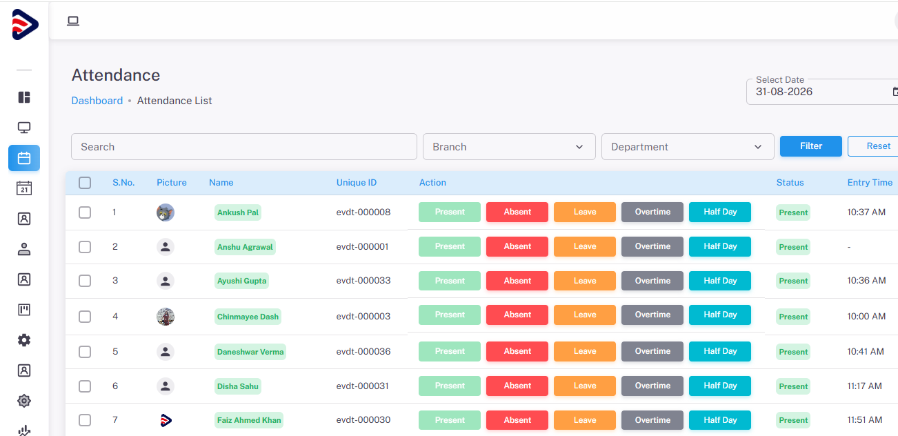 EVD Office Book attendance and employee management screen